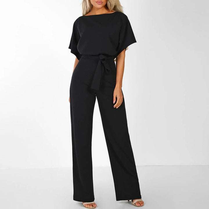 Women's Round Neckline Jumpsuit with Tie Waist and Wide Legs