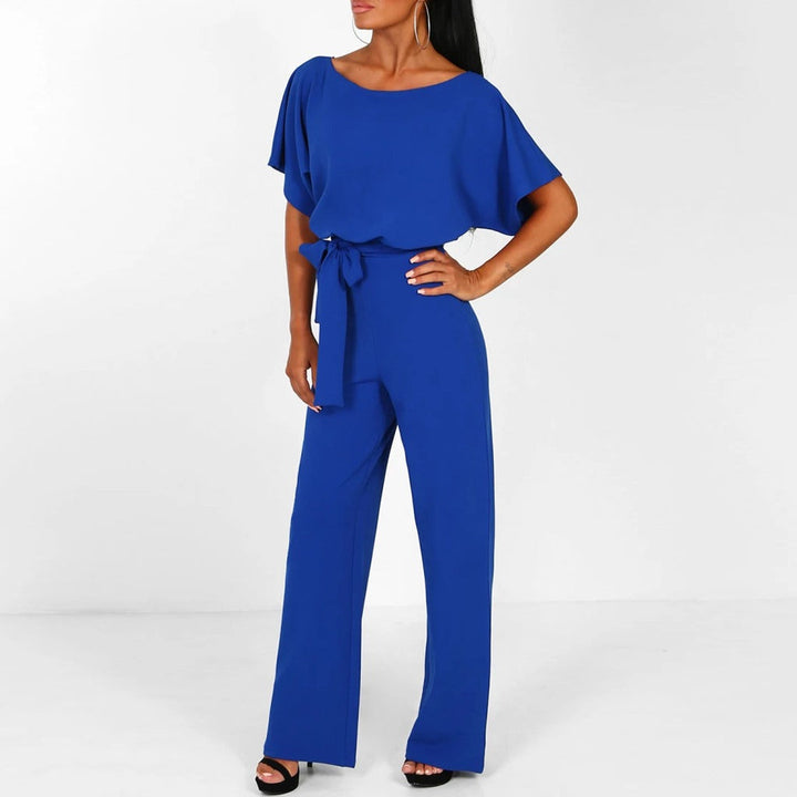 Women's Round Neckline Jumpsuit with Tie Waist and Wide Legs
