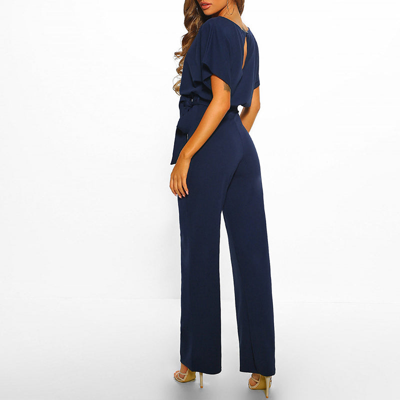Women's Round Neckline Jumpsuit with Tie Waist and Wide Legs