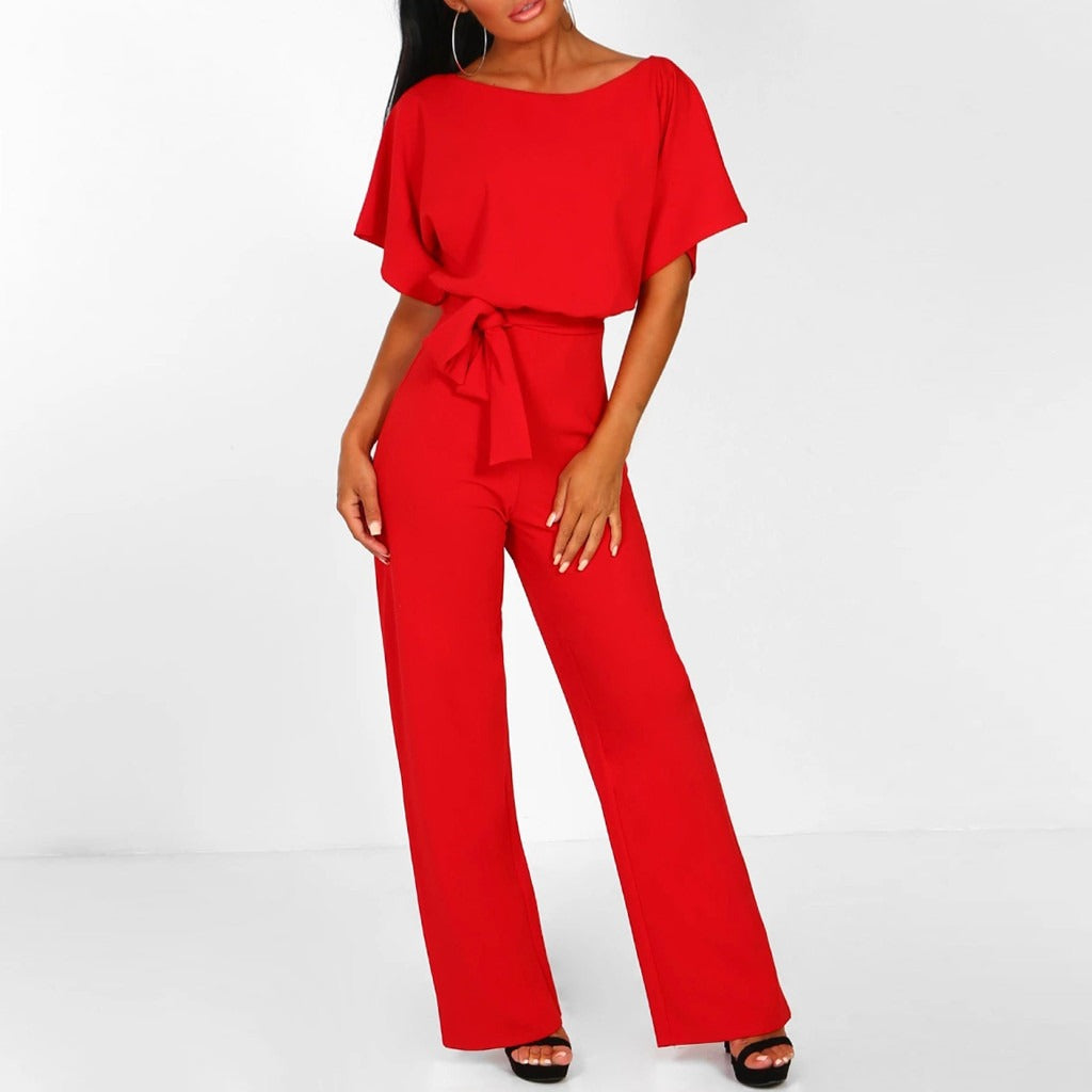 Women's Round Neckline Jumpsuit with Tie Waist and Wide Legs
