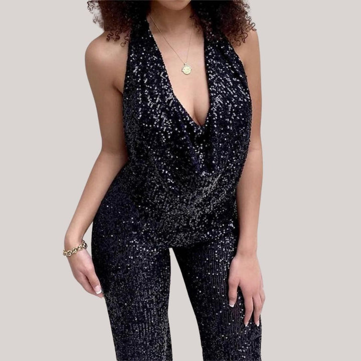 Women's Sequin Halter Neck Jumpsuit with Wide Legs