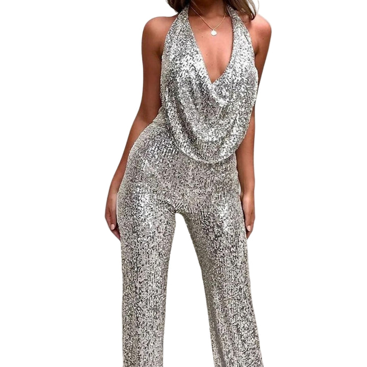 Women's Sequin Halter Neck Jumpsuit with Wide Legs