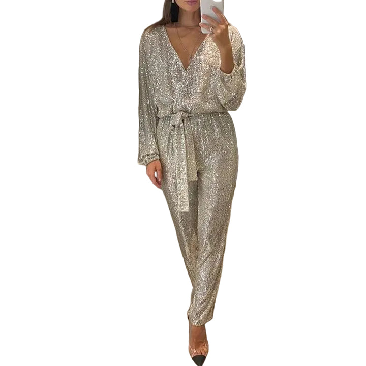 Women's Sequin Jumpsuit with Deep V-Neckline and Tie Belt