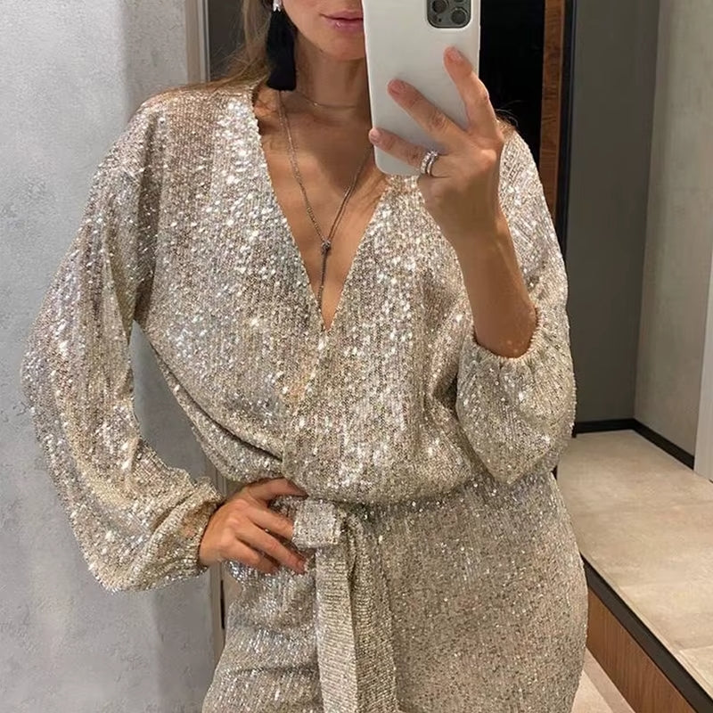 Women's Sequin Jumpsuit with Deep V-Neckline and Tie Belt