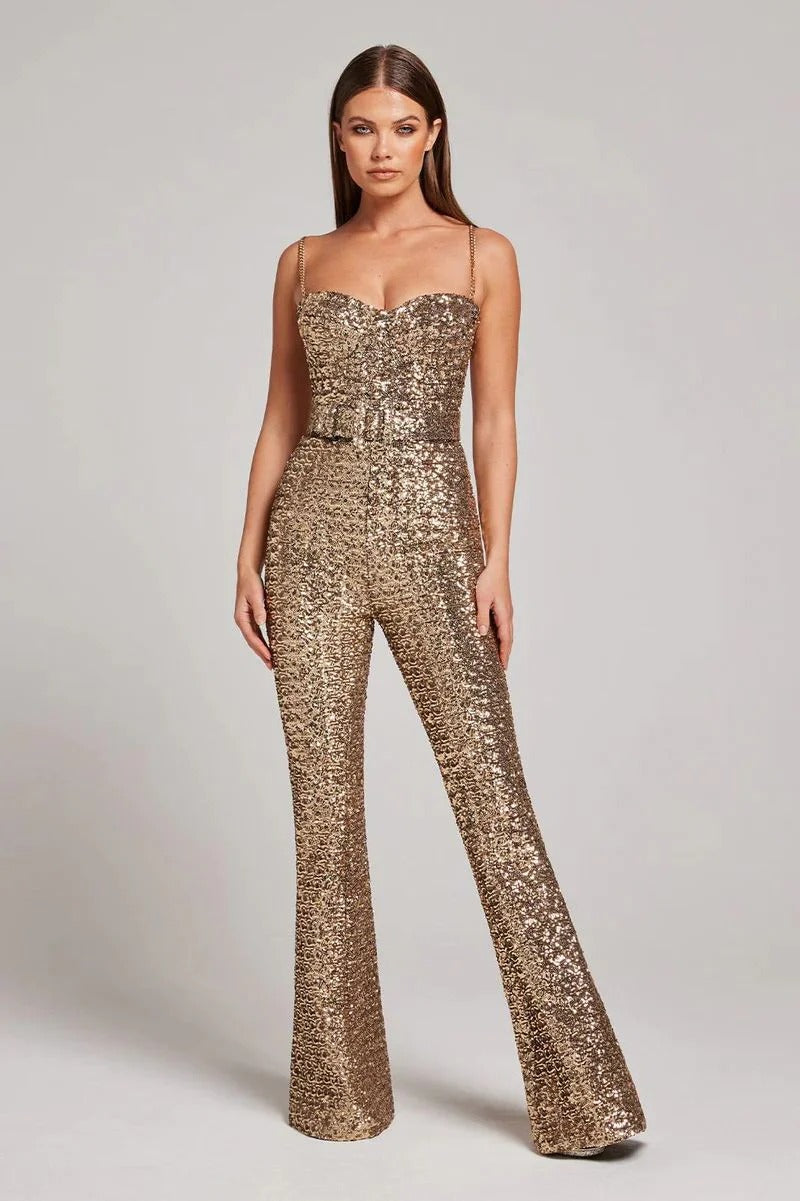 Women's Sequin Jumpsuit with Square Neckline and Flared Legs