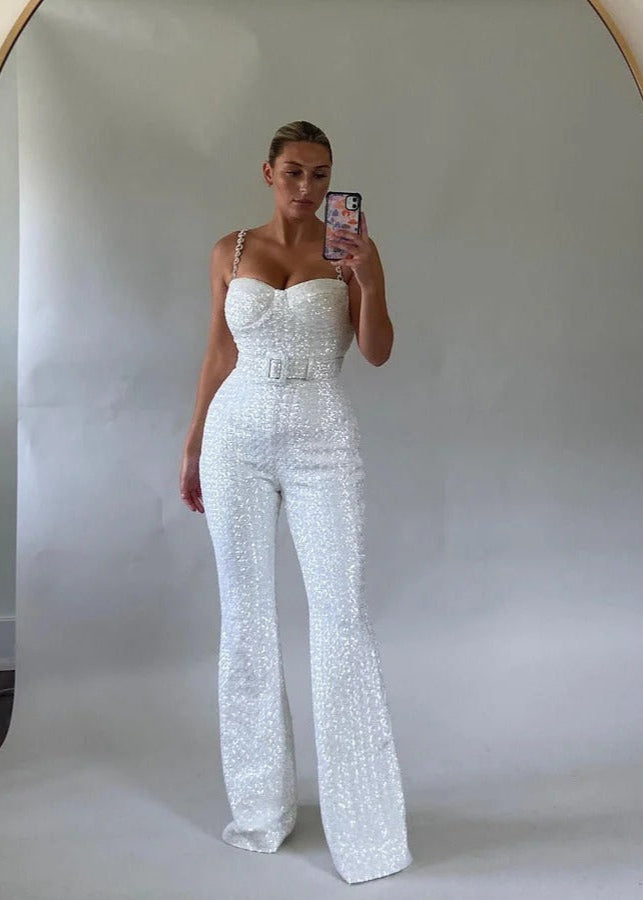 Women's Sequin Jumpsuit with Square Neckline and Flared Legs