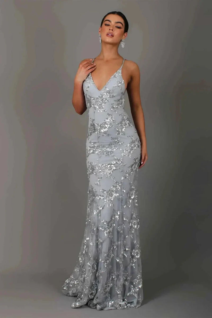 Women's Sequin Maxi Dress with V-Neckline and Spaghetti Straps