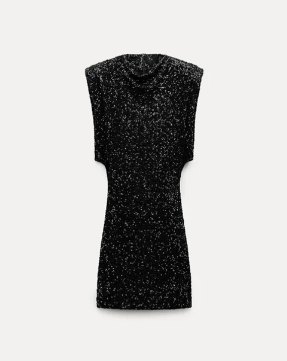 Women's Sequin Mini Dress with High Collar and Structured Shoulders