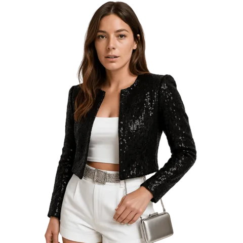 Women's Sequin Open-Front Cropped Blazer with Long Sleeves and Notched Lapel