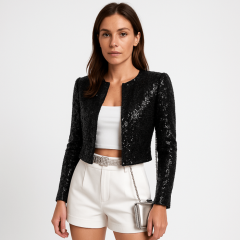 Women's Sequin Open-Front Cropped Blazer with Long Sleeves and Notched Lapel