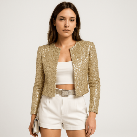 Women's Sequin Open-Front Cropped Blazer with Long Sleeves and Notched Lapel