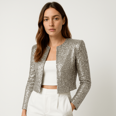Women's Sequin Open-Front Cropped Blazer with Long Sleeves and Notched Lapel