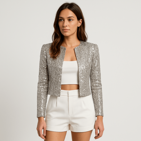 Women's Sequin Open-Front Cropped Blazer with Long Sleeves and Notched Lapel