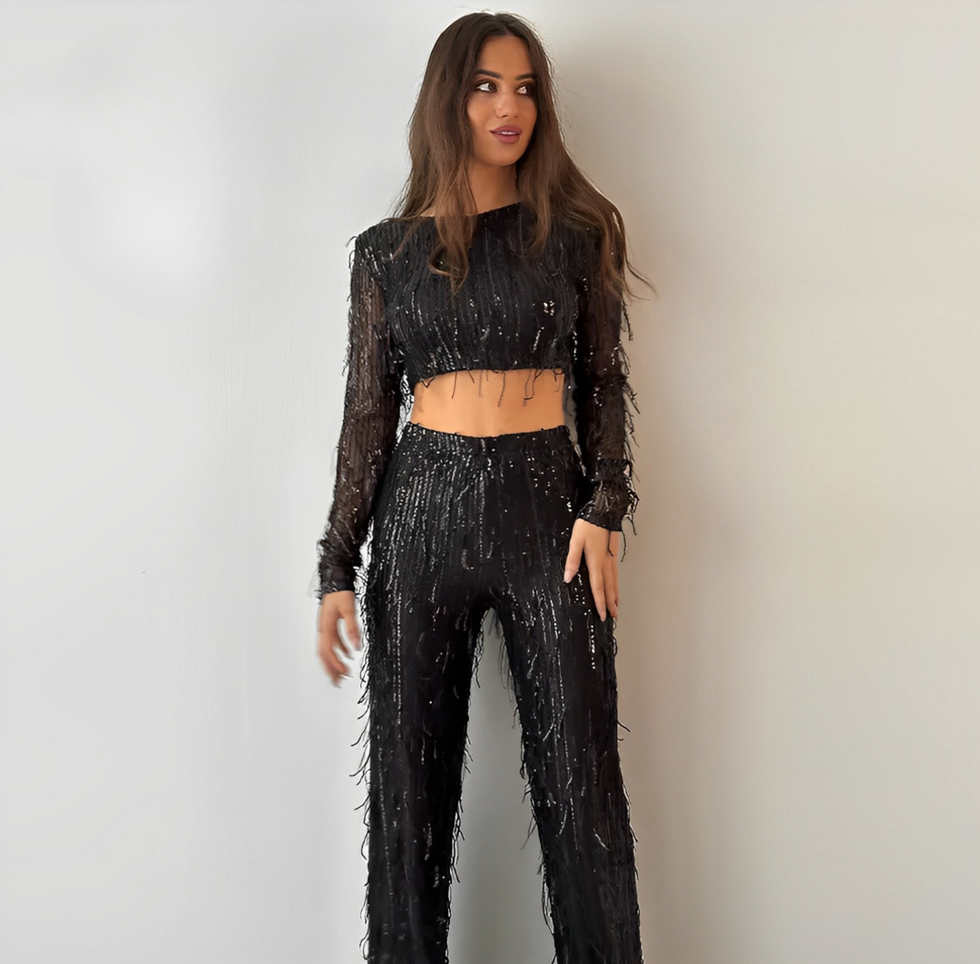 Women's Sequin Two-Piece Set with Tassel Detail and Wide Leg Pants