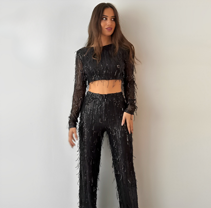 Women's Sequin Two-Piece Set with Tassel Detail and Wide Leg Pants