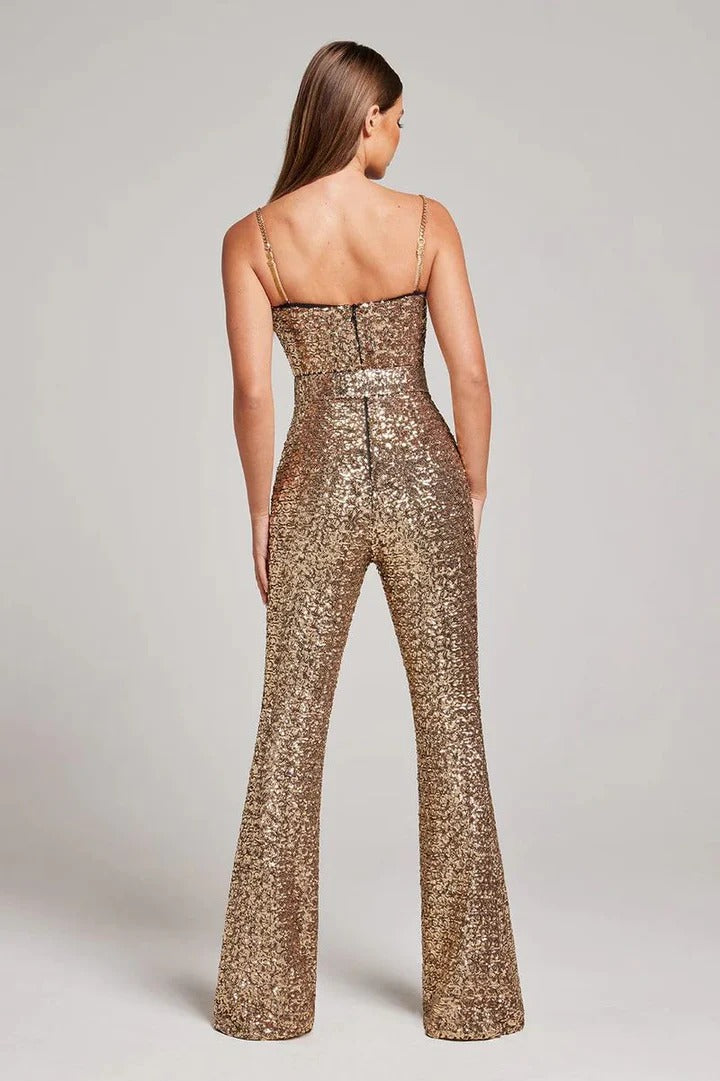 Women's Sequin V-Neck Jumpsuit with Spaghetti Straps and Wide-Leg Hem