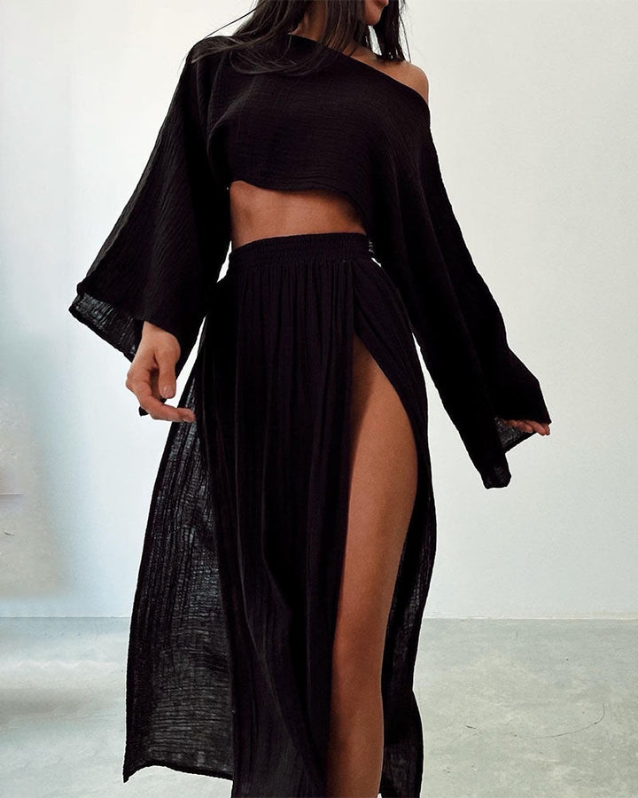 Women's Set with Crop Top and Maxi Skirt with Side Split