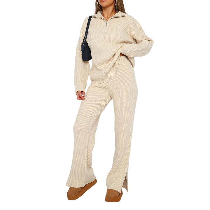 Women's Set with Half-Zip Jumper and Wide-Leg Trousers with Ribbed Texture