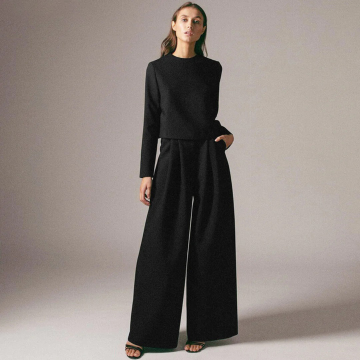 Women's Set with Long-Sleeve Top and Wide-Leg Trousers with Boat Neckline