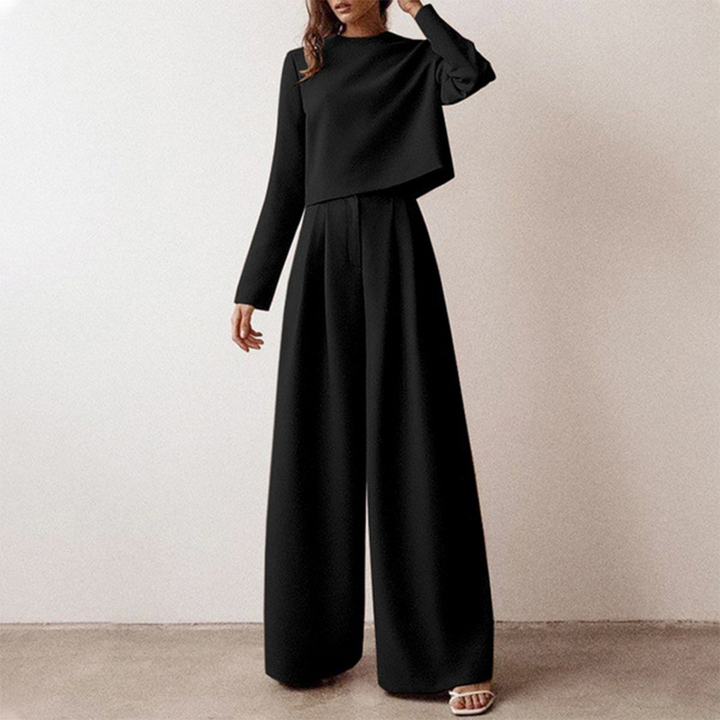 Women's Set with Long-Sleeve Top and Wide-Leg Trousers with Boat Neckline