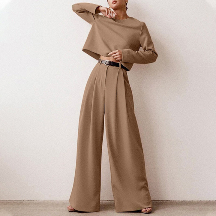 Women's Set with Long-Sleeve Top and Wide-Leg Trousers with Boat Neckline