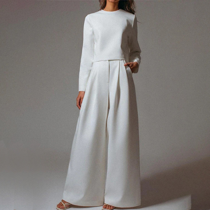 Women's Set with Long-Sleeve Top and Wide-Leg Trousers with Boat Neckline