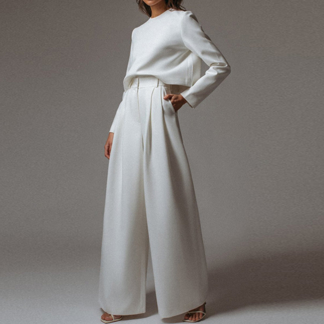 Women's Set with Long-Sleeve Top and Wide-Leg Trousers with Boat Neckline