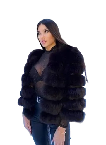 Women's Short Faux Fur Jacket with Horizontal Panels and Open Front