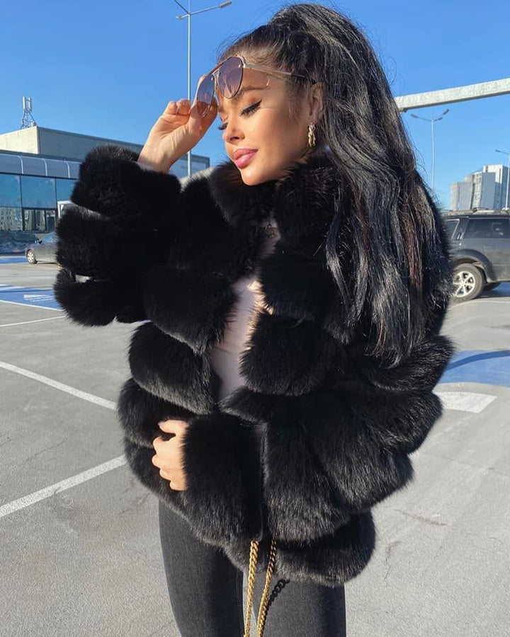 Women's Short Faux Fur Jacket with Horizontal Panels and Open Front