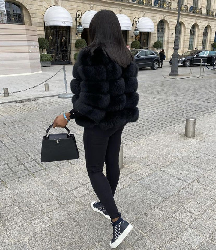 Women's Short Faux Fur Jacket with Horizontal Panels and Open Front