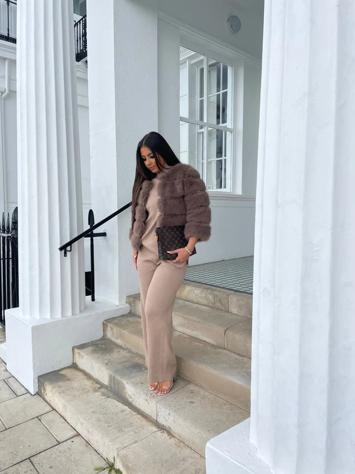 Women's Short Faux Fur Jacket with Horizontal Panels and Open Front