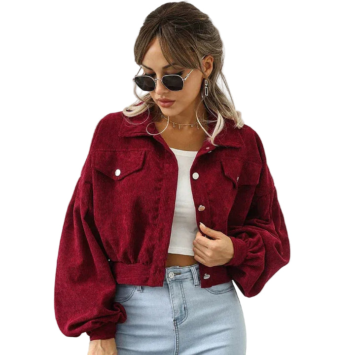 Women's Short Jacket with Button Placket, Collar, Breast Pockets and Long Sleeves