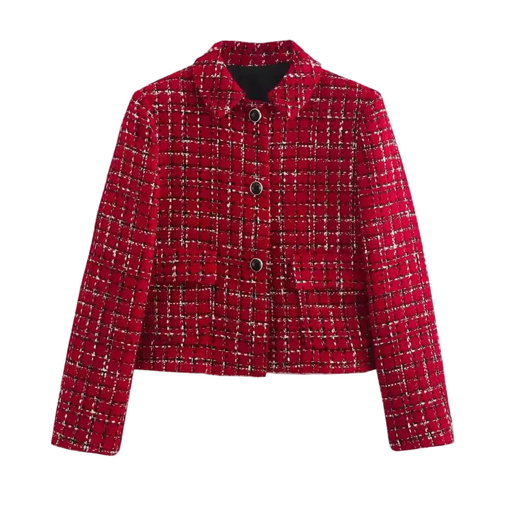 Women's Short Jacket with Check Pattern and Button Closure