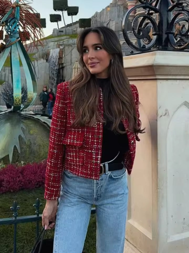 Women's Short Jacket with Check Pattern and Button Closure