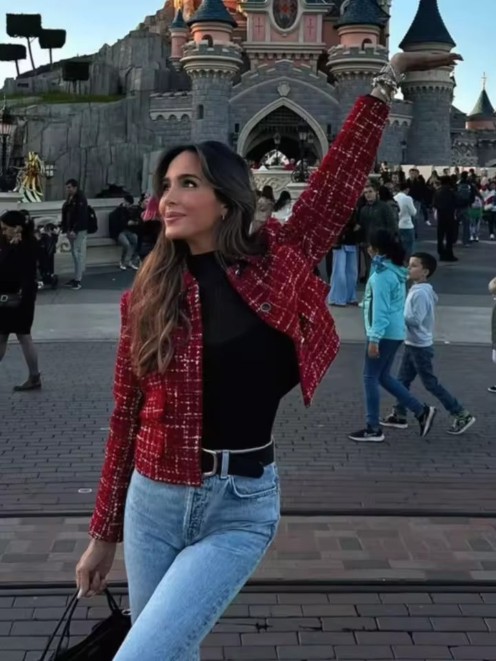 Women's Short Jacket with Check Pattern and Button Closure