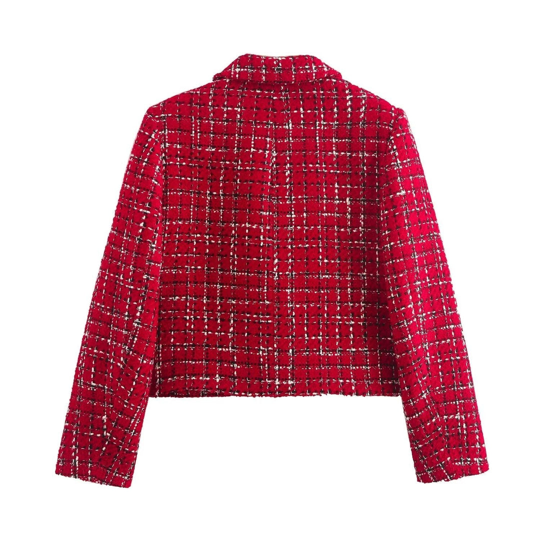Women's Short Jacket with Check Pattern and Button Closure