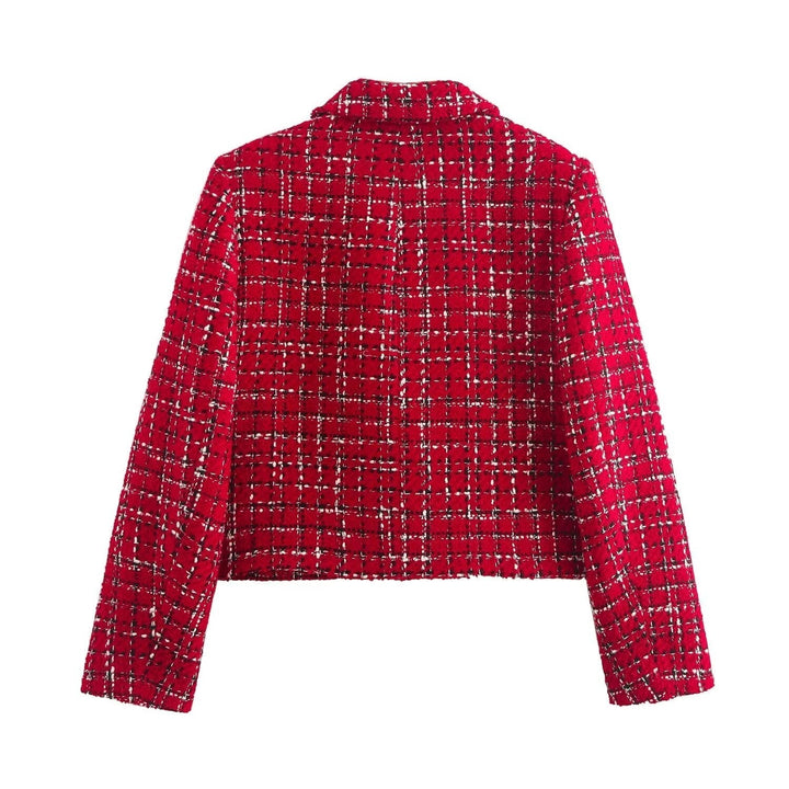 Women's Short Jacket with Check Pattern and Button Closure