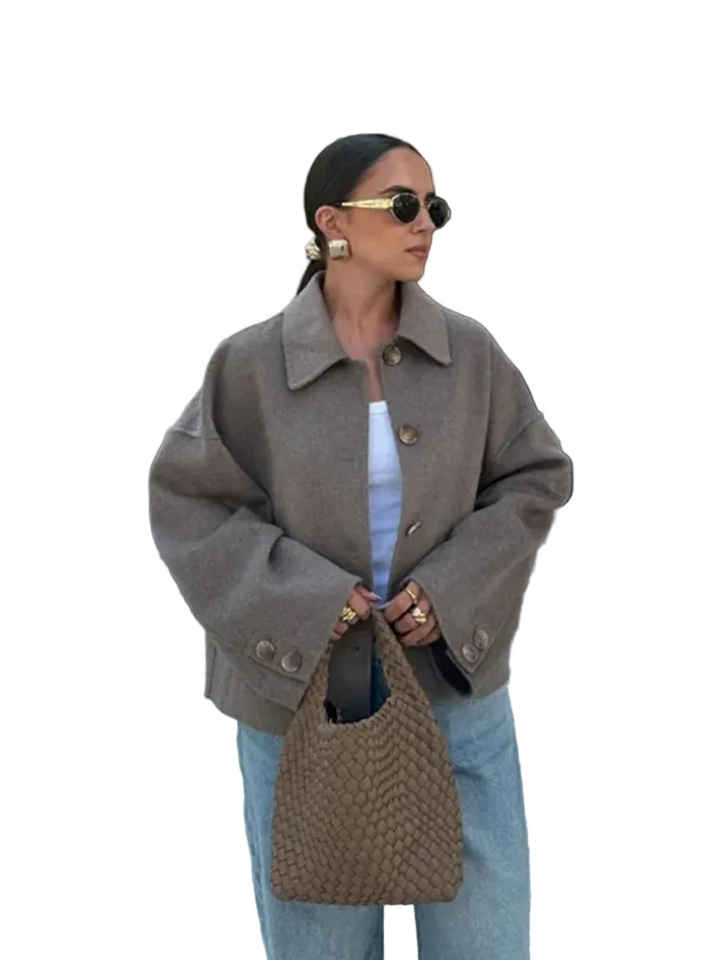 Women's Short Jacket with Pointed Collar and Full Button Placket