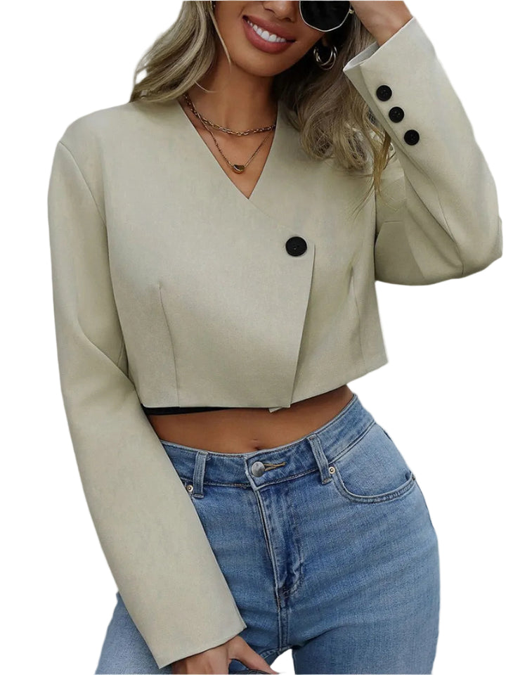 Women's Short Jacket with V-Neckline and Button Cuff Sleeves