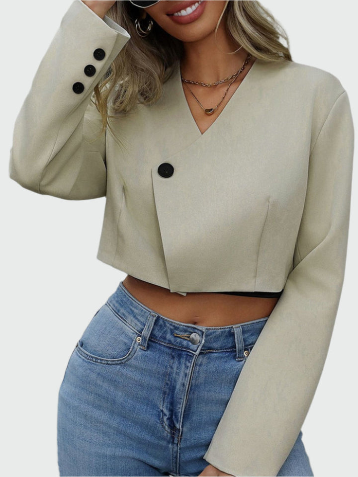 Women's Short Jacket with V-Neckline and Button Cuff Sleeves