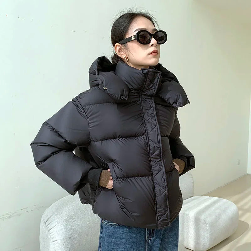 Women's Short Quilted Jacket with Stand Collar and Front Zip