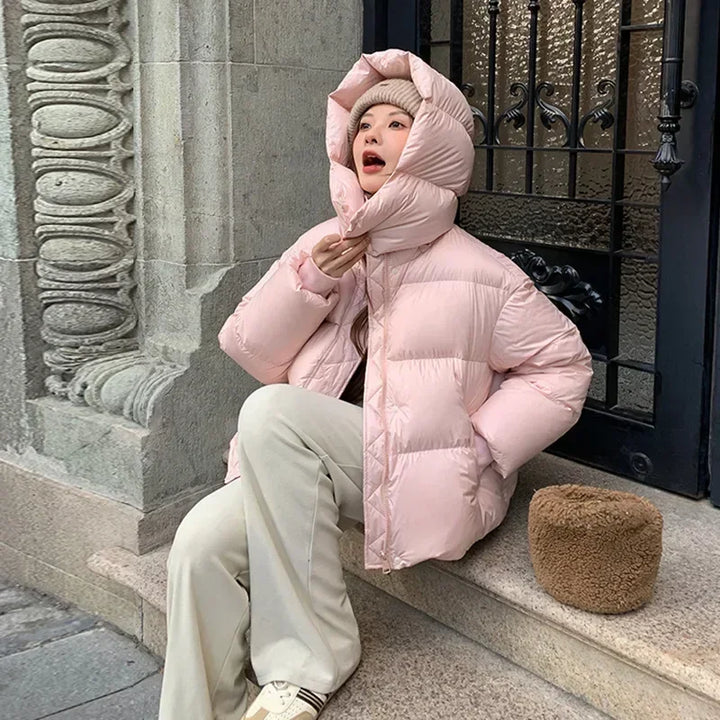 Women's Short Quilted Jacket with Stand Collar and Front Zip