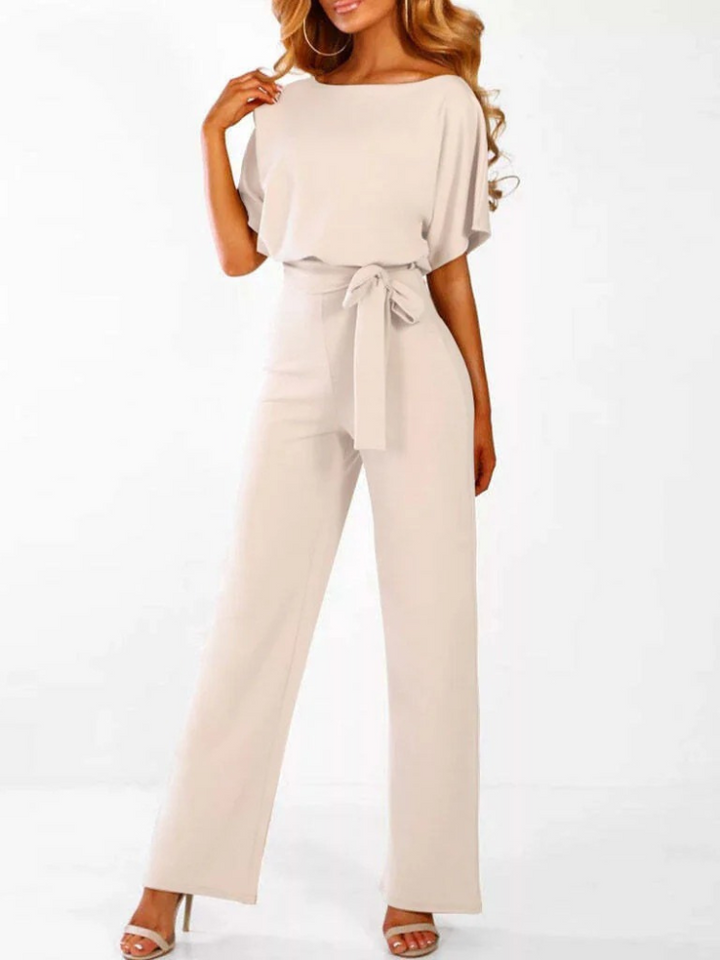 Women's Short Sleeve Jumpsuit with Waist Tie Belt and Round Neckline