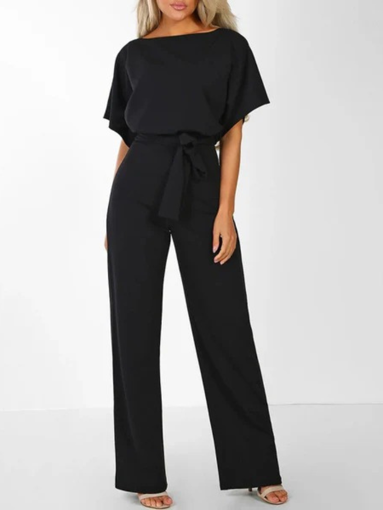 Women's Short Sleeve Jumpsuit with Waist Tie Belt and Round Neckline