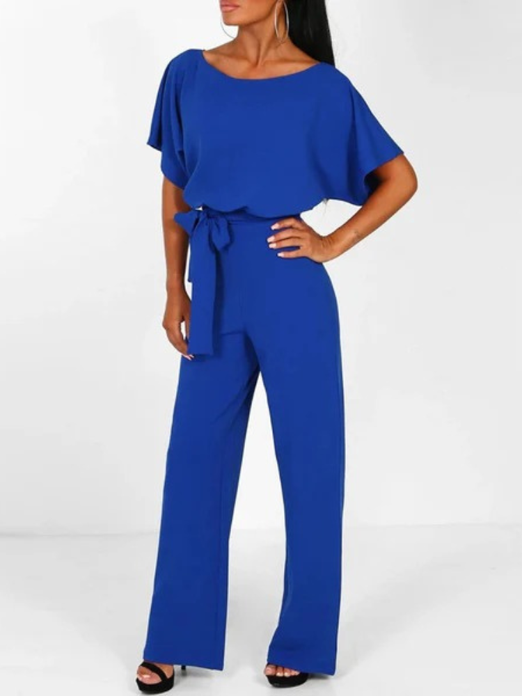Women's Short Sleeve Jumpsuit with Waist Tie Belt and Round Neckline