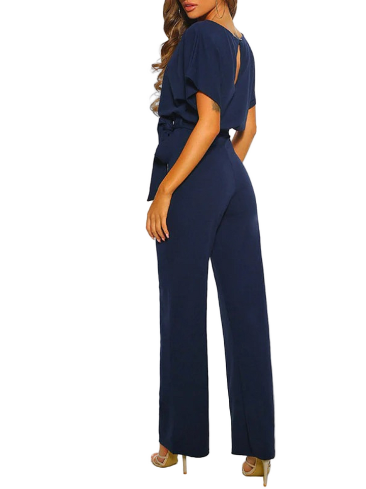 Women's Short Sleeve Jumpsuit with Waist Tie Belt and Round Neckline