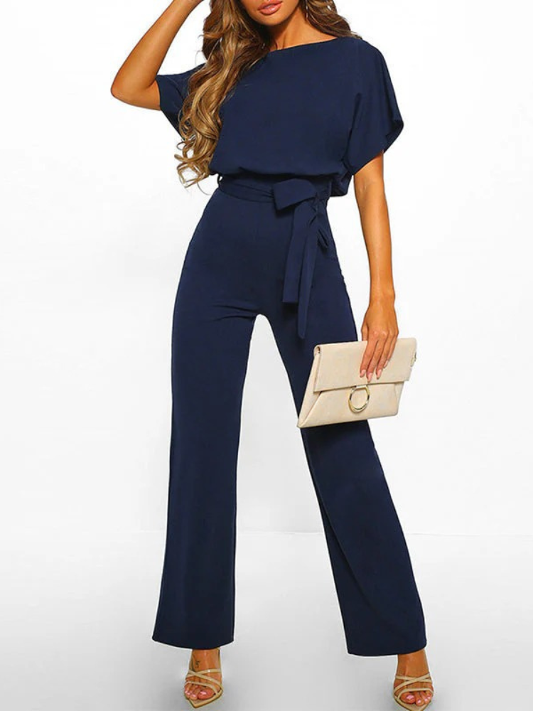 Women's Short Sleeve Jumpsuit with Waist Tie Belt and Round Neckline