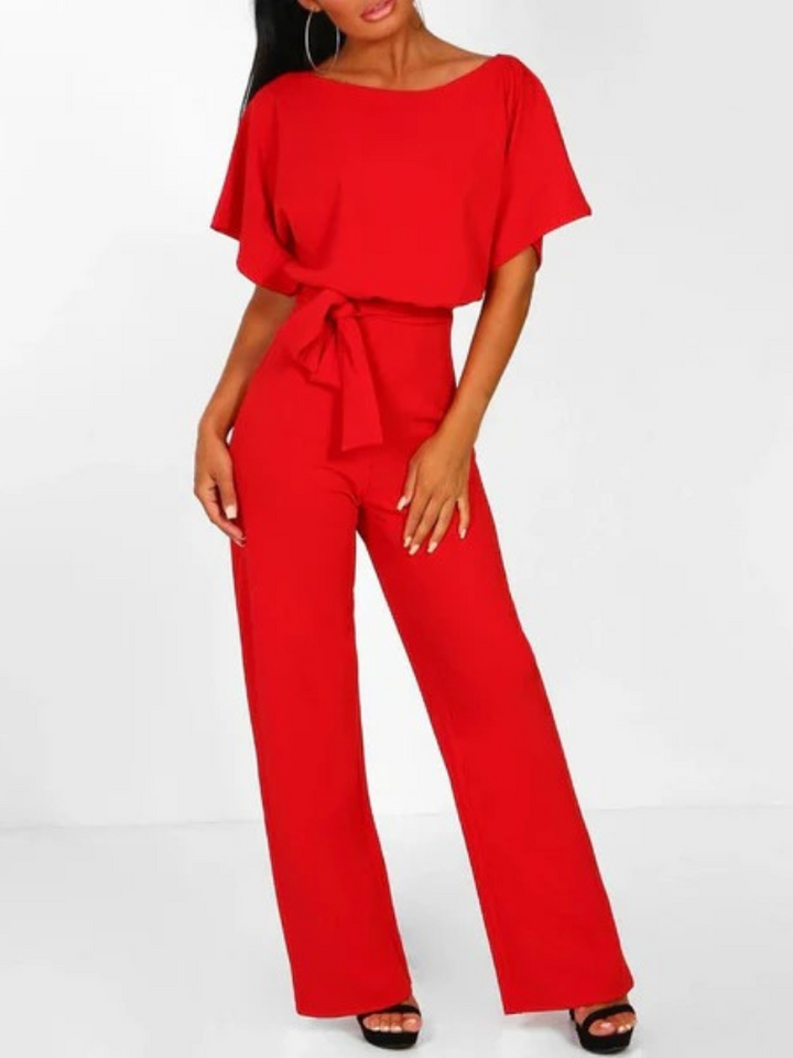 Women's Short Sleeve Jumpsuit with Waist Tie Belt and Round Neckline