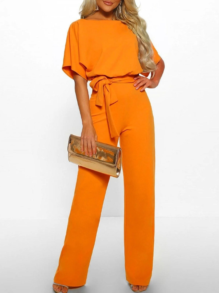 Women's Short Sleeve Jumpsuit with Waist Tie Belt and Round Neckline