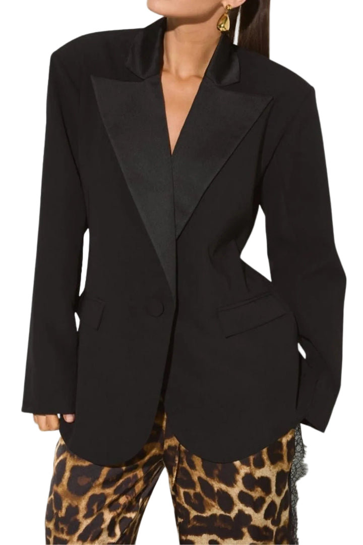 Women's Single-Breasted Blazer with Satin Lapels and Long Sleeves